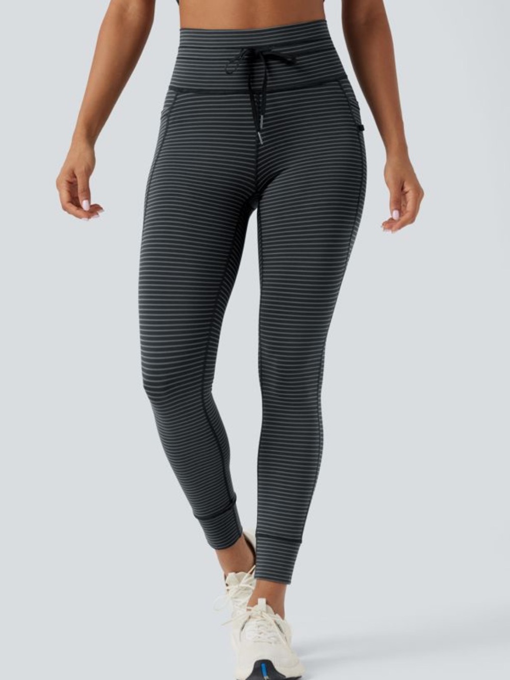 High Waisted Drawstring Striped Yoga Leggings with Pockets Size Small Athleisure